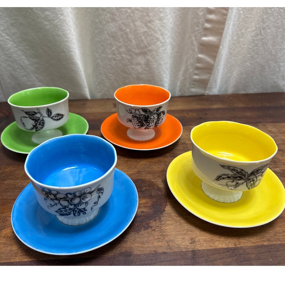 Vintage Mid-Century Modern Porcelain Pedestal Sherbet Dessert Cup Bowls & Plates